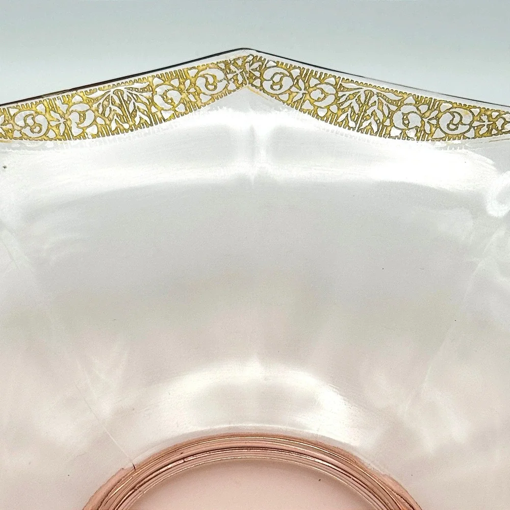 Vintage Pink Depression Glass Octagonal Bowl Gold Encrusted Floral Art Deco Lux
